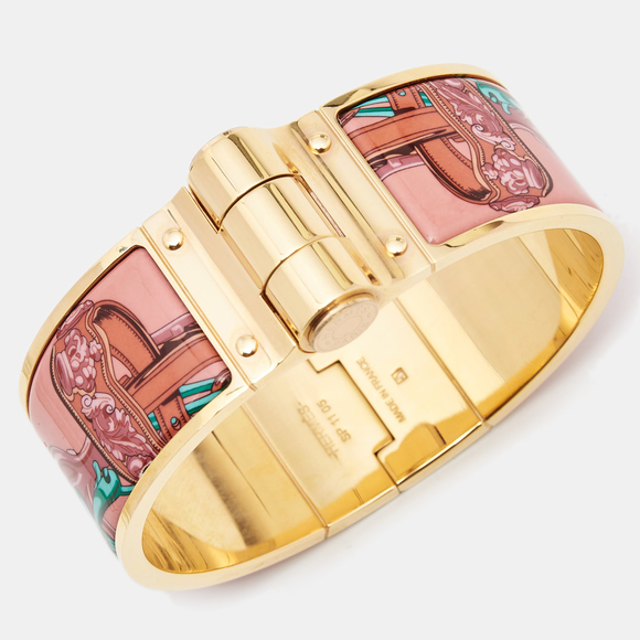 Hermes Rose Couture Brides de Gala Enamel Charniere Wide Bracelet - Picture 2 of 4
